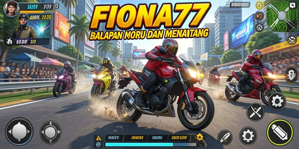 Screenshot gameplay FIONA77 yang menunjukkan balapan motor yang action-packed.
