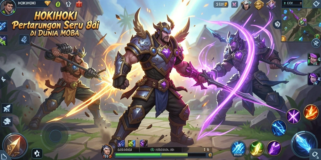 Screenshot gameplay HOKIHOKI menampilkan aksi pertempuran MOBA yang intens.