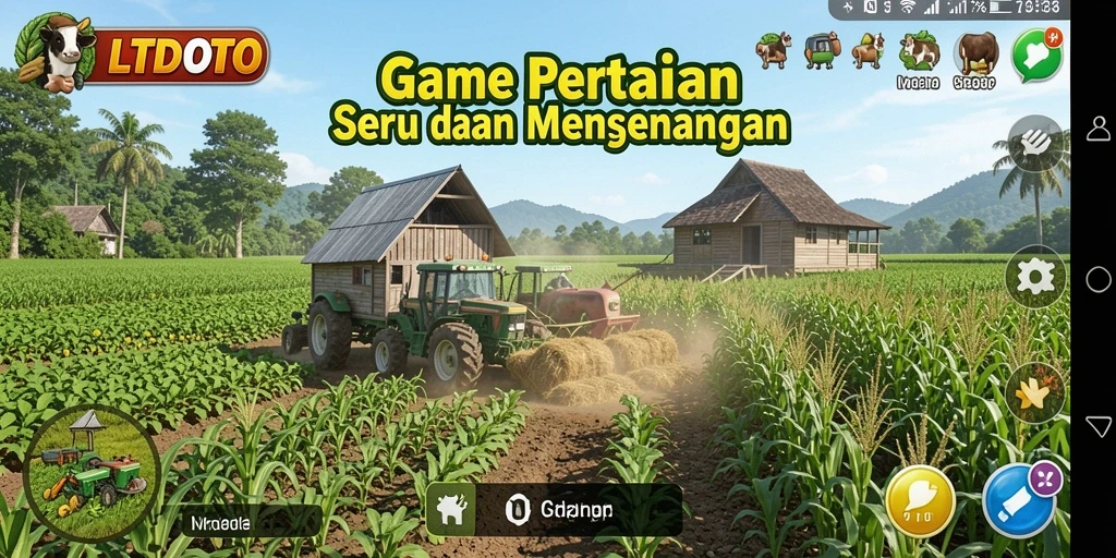 Screenshot gameplay LTDTOTO menampilkan ladang subur dan hewan peliharaan yang lucu.
