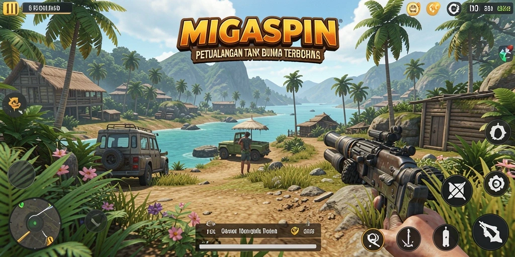 Screenshot gameplay MIGASPIN menampilkan dunia terbuka yang indah.