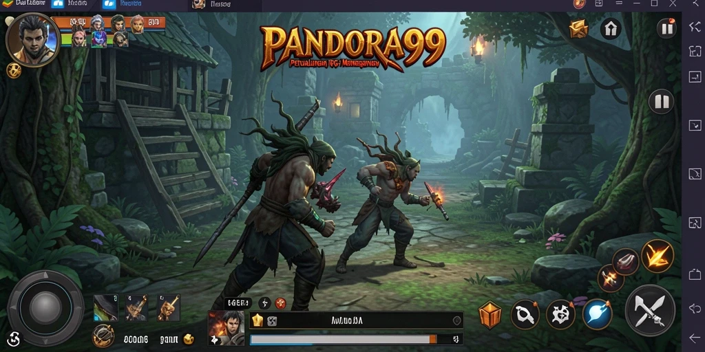 Tangkapan layar utama PANDORA99 menunjukkan pertarungan seru dalam dunia RPG.
