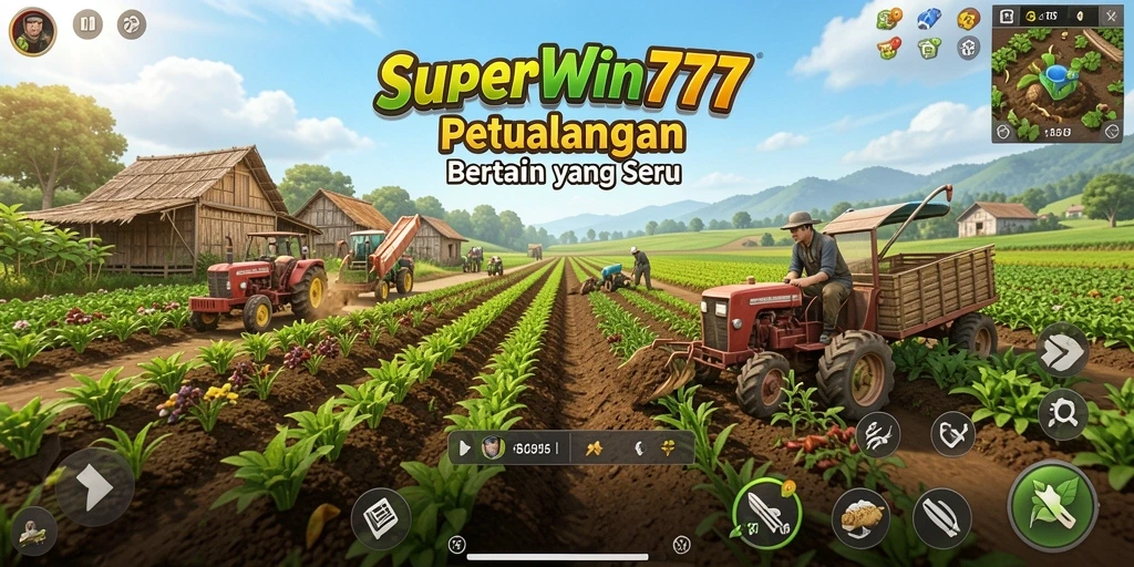 Screenshot utama SUPERWIN777 menunjukkan gameplay bertani yang penuh warna dan interaktif.